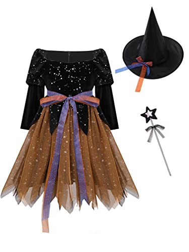 ranrann Disfraz de Bruja Niña Vestido Tutú Princesa Brillantes Estrellas con Sombrero Bolsa de Dulces Varita Traje Reina Oscuridad para Halloween Fiesta Carnaval Negro&Naranja 6-8 años