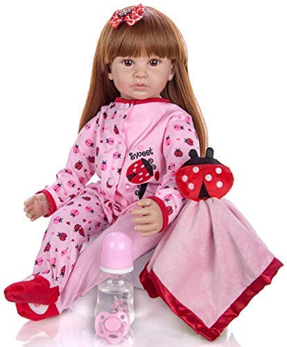 Reborn Dolls Reborn Baby Dolls Pink 60Cm 24 pulgadas de pelo largo Little Princess Vinilo suave Silicona Muñecas para niños pequeños Hecho a mano Navidad Cumpleaños Gif Niños Iedal para regalo de cump