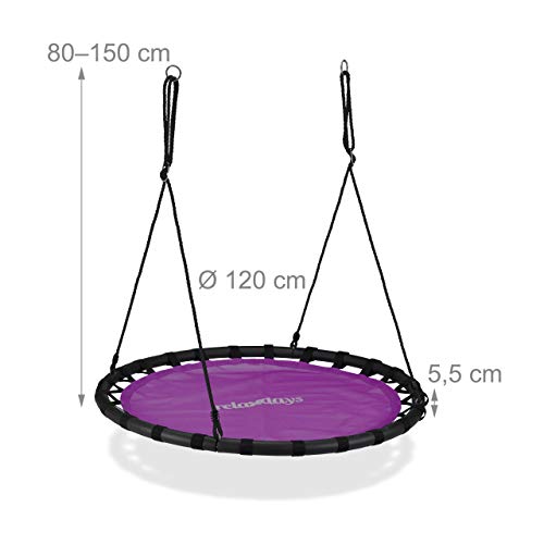 Relaxdays Columpio Jardín Redondo Ajustable para Niños y Adultos, hasta 100 kg, Morado, ø 120 cm