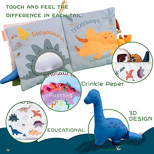 Richgv Libro Activity Bebé, Libro Texturas Bebe, con Muñequito del Diplodocus y los Colas de Dinosaurio, Libro de Tela Suave Libro Sensorial Juguete para Bebé Recién Nacido