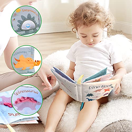 Richgv Libro Activity Bebé, Libro Texturas Bebe, con Muñequito del Diplodocus y los Colas de Dinosaurio, Libro de Tela Suave Libro Sensorial Juguete para Bebé Recién Nacido