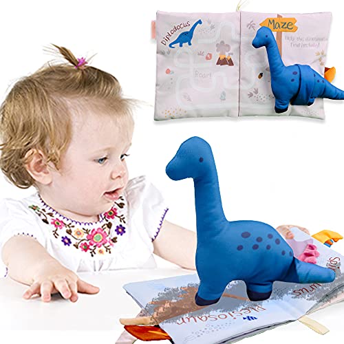 Richgv Libro Activity Bebé, Libro Texturas Bebe, con Muñequito del Diplodocus y los Colas de Dinosaurio, Libro de Tela Suave Libro Sensorial Juguete para Bebé Recién Nacido