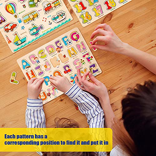 Rompecabezas de Madera Puzzle Clavijas 57 Pcs,Números Letras Juguetes Educativos,Puzzles de Madera Juguetes 2 Años,Puzzles Conjunto Alfabeto,Puzzle Madera Niños Bebe Juego Número Montessori 1 Años