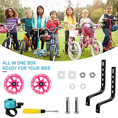 Ruedas De Entrenamiento De Bicicleta,Bicicleta Infantil Ruedines,Ruedas de Apoyo para Niños,Estabilizador de Bicicleta,Entrenamiento de Bicicleta de 12" -20". (Rosa Claro Intermitente)