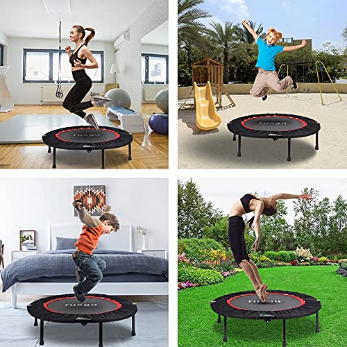 RUXINGGU-Trampolín de fitness, con función de plegado opcional de Ø 40 pulgadas -Cuerda elástica suave silenciosa, asa de fitness plegable, articulación de trampolín para interior / rebote (rojo)