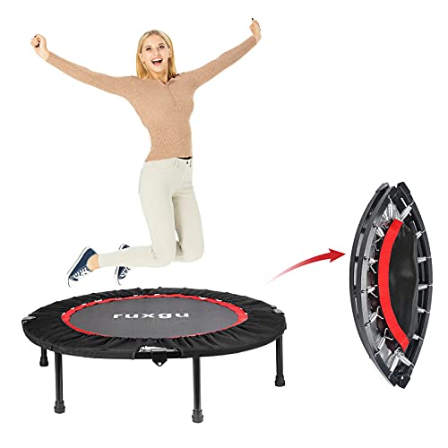 RUXINGGU-Trampolín de fitness, con función de plegado opcional de Ø 40 pulgadas -Cuerda elástica suave silenciosa, asa de fitness plegable, articulación de trampolín para interior / rebote (rojo)