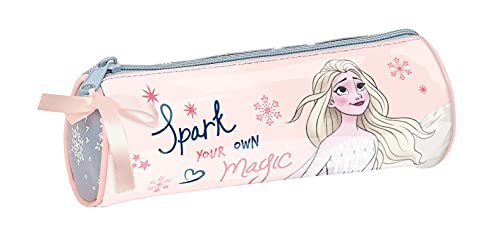 Safta Estuche Redondo Escolar de Frozen II Magical Seasons, 200x70 mm, Gris Azulado/Rosa Claro (M026)