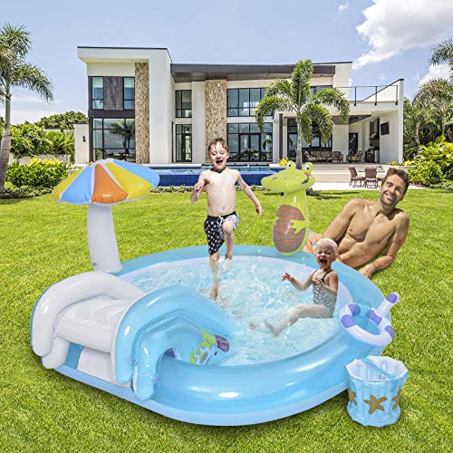 Schildeng Piscina para niños, centro de juego inflable para niños y niños, piscina de diversión, anillo de arco iris, centro de juego de agua con pequeño Gator puede rociar agua, 79 x 33 x 67 pulgadas