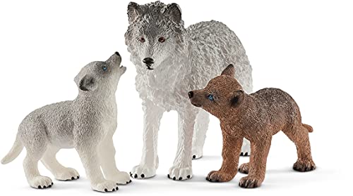 Schleich - Set De Figuras Cachorros, Colección Wild Life, Loba Gris + Lobezno Marrón (42472) + Set De Figuras Grizzly con Su Cría, Colección Wild Life, 1 Osa + 1 Osezno + 2 Peces (42473)