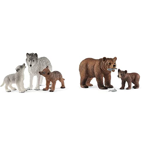 Schleich - Set De Figuras Cachorros, Colección Wild Life, Loba Gris + Lobezno Marrón (42472) + Set De Figuras Grizzly con Su Cría, Colección Wild Life, 1 Osa + 1 Osezno + 2 Peces (42473)