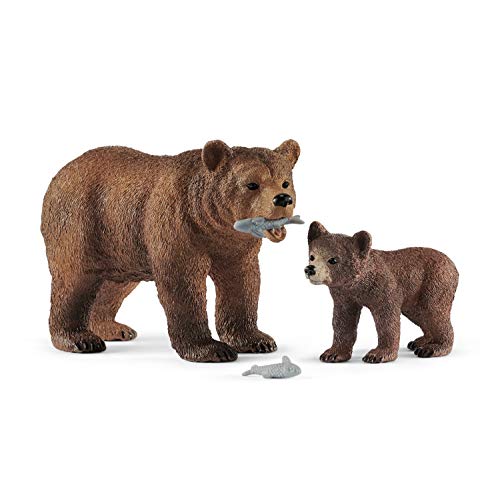 Schleich - Set De Figuras Cachorros, Colección Wild Life, Loba Gris + Lobezno Marrón (42472) + Set De Figuras Grizzly con Su Cría, Colección Wild Life, 1 Osa + 1 Osezno + 2 Peces (42473)