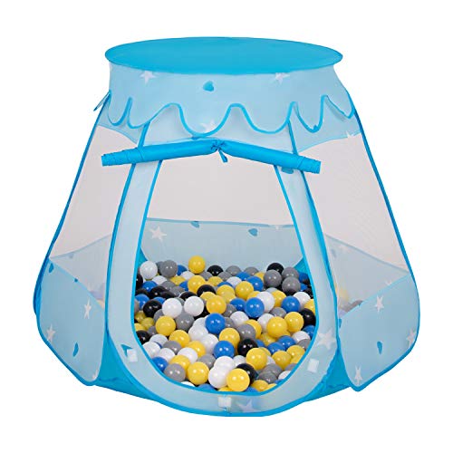 Selonis Tienda 105X90cm/200 Bolas De Campaña/Castilo Plegable con Bolas Certificadas 6Cm para Niños, Azul:Negro-Blanco-Gris-Azul-Amarillo