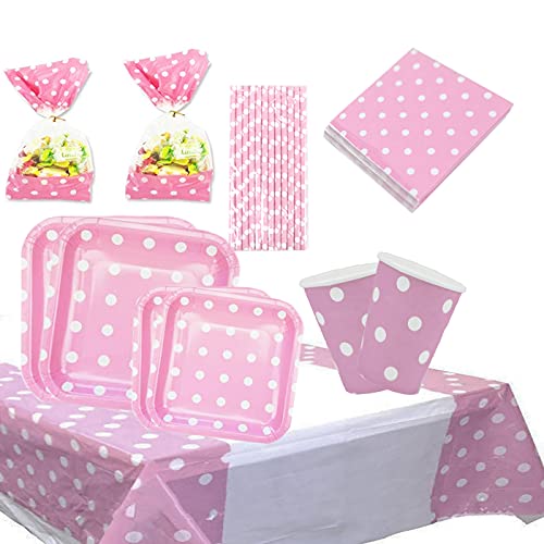 Set de Artículos Vajilla Desechables para Fiesta de Cumpleaños :Platos,Vasos,Servilletas,Mantel,Bolsas de Caramelos,Pajitas, Color Rosa a Lunares Para 16 Invitados