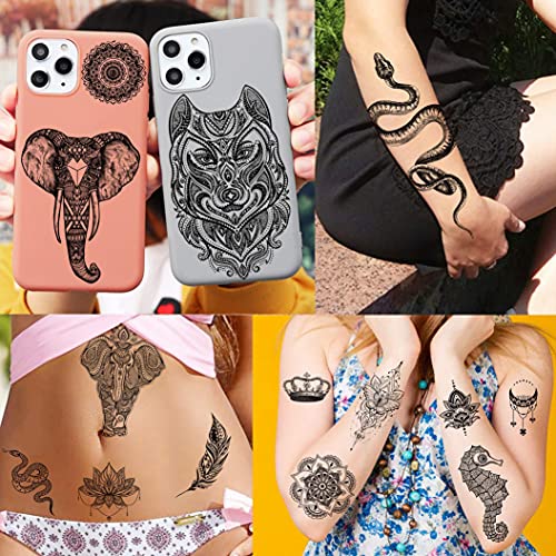 Shegazzi 58 Hojas Tatuajes Temporales Adultos Mujer Mandala Encaje Negro Colgante Loto Elefante Serpiente Pluma Tatuajes Falsos Niños Niñas Brazo Mano Cuello Manga Pecho Tatuajes Adhesivos Temporales