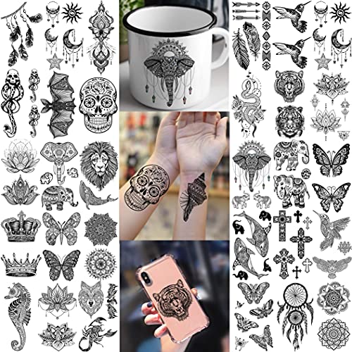 Shegazzi 58 Hojas Tatuajes Temporales Adultos Mujer Mandala Encaje Negro Colgante Loto Elefante Serpiente Pluma Tatuajes Falsos Niños Niñas Brazo Mano Cuello Manga Pecho Tatuajes Adhesivos Temporales