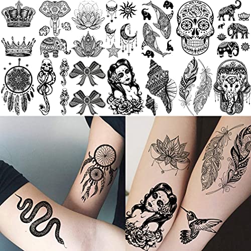 Shegazzi 58 Hojas Tatuajes Temporales Adultos Mujer Mandala Encaje Negro Colgante Loto Elefante Serpiente Pluma Tatuajes Falsos Niños Niñas Brazo Mano Cuello Manga Pecho Tatuajes Adhesivos Temporales