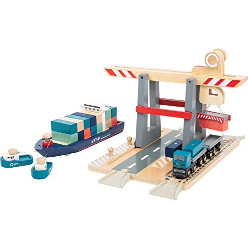 small foot company- Terminal, Madera, con Puente móvil, Barco y contenedores, a Partir de 3 años de Edad Juguetes, Multicolor (11378)