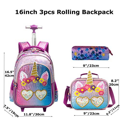 Smiley Unicorn Schoolbag Equipaje con ruedas Cabina Ocio Viajes Niño Niña Niño Juego de jardín de infantes Mochilas con ruedas para niñas, Kit de viaje con bolsa de almuerzo Unicornio 3 piezas