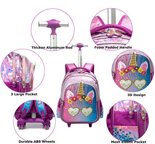 Smiley Unicorn Schoolbag Equipaje con ruedas Cabina Ocio Viajes Niño Niña Niño Juego de jardín de infantes Mochilas con ruedas para niñas, Kit de viaje con bolsa de almuerzo Unicornio 3 piezas