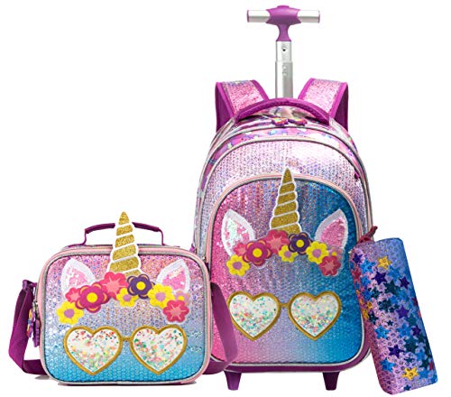 Smiley Unicorn Schoolbag Equipaje con ruedas Cabina Ocio Viajes Niño Niña Niño Juego de jardín de infantes Mochilas con ruedas para niñas, Kit de viaje con bolsa de almuerzo Unicornio 3 piezas