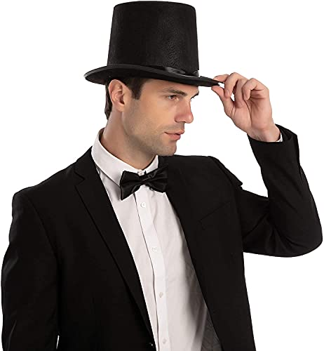 Sombrero de Copa de Colore Negro, Gorro de Fieltro Satén, Chistera Mago Hombre con Cinta de Raso para Disfraces Cosplay Carnaval Halloween (Negro, Talla única)