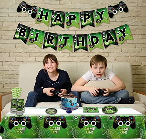 Suministros para fiestas de videojuegos – Decoración temática para fiestas de cumpleaños para niños y jugadores, incluye platos, tazas, servilletas, mantel, remolinos colgantes, pancartas y globos