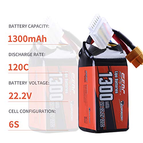 SUNPADOW 2 Pack 6S 22.2V Lipo batería 1300mAh 120C Soft Pack with XT60 Plug for RC FPV Helicopter Airplane Drone Quadcopter Racing Hobby