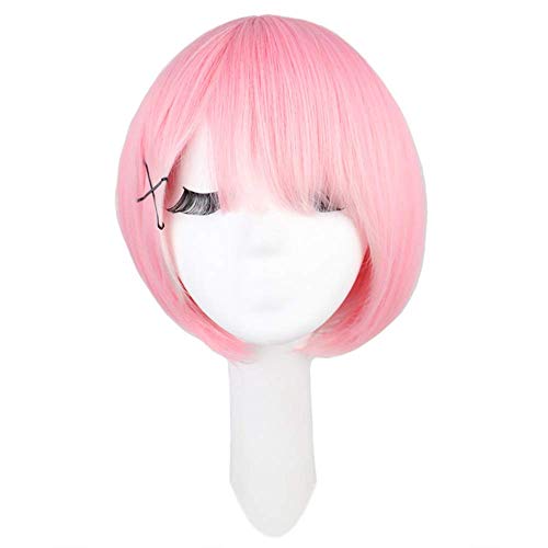 SWDCA 10"Anime Cosplay Maid Twines REM y RAM Pelucas sintéticas para Mujeres, Red de Rosa Suave Resistente al Calor de la Prima, la Calidad es Muy Buena,Rosado