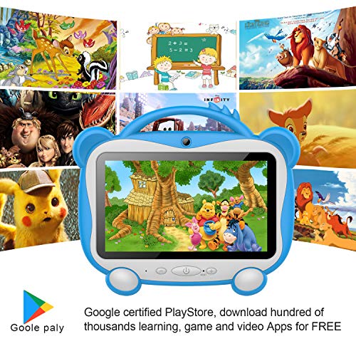 Tablet Para Niños 7 Pulgadas Tablet Infantil Android 10.0 Quad-Core Processor, 16GB ROM 128GB Expansión, HD Pantalla1024*600 Doble Camera(0.3MP+2MP)Wifi,GPS,Certificación Google,Juegos Educativos-Azul