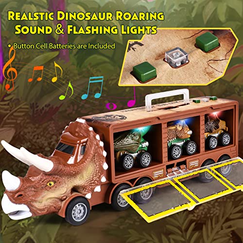 Tacobear Camión Dinosaurios Juguetes con Luces y Sonidos Camión de Transporte con Coches de Juguetes Pequeños Figuras Dinosaurios Camion Juguete Regalo para Niños Niñas 3 4 5 6 Años (Marrón)