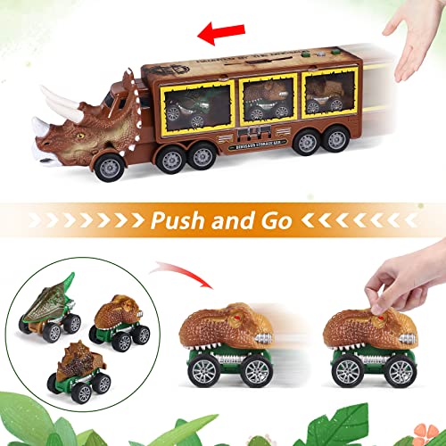 Tacobear Camión Dinosaurios Juguetes con Luces y Sonidos Camión de Transporte con Coches de Juguetes Pequeños Figuras Dinosaurios Camion Juguete Regalo para Niños Niñas 3 4 5 6 Años (Marrón)