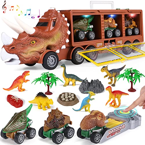 Tacobear Camión Dinosaurios Juguetes con Luces y Sonidos Camión de Transporte con Coches de Juguetes Pequeños Figuras Dinosaurios Camion Juguete Regalo para Niños Niñas 3 4 5 6 Años (Marrón)