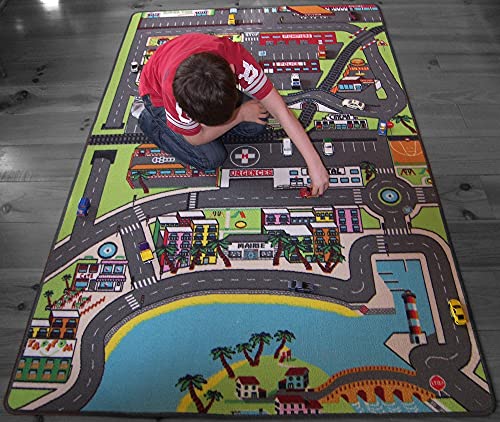 TAPITOM® | Alfombra infantil caminos en la ciudad - 130 x 200 cm | Alfombra de juego con sus recorridos | Alfombrillas de coche para dormitorio infantil y riel para coches pequeños | antideslizante, dobladillo | Normas CE