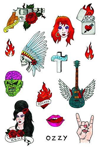 Tatsy Rock N Rolla Set, Tatuajes Temporales de Calidad, Para Hombre y Mujer, Rock and Roll, Tatuaje falso, Disfraz, Atuendo Estrella de Rock, Guitarra, Sabbath, Ozzy, Rehab, Fuego