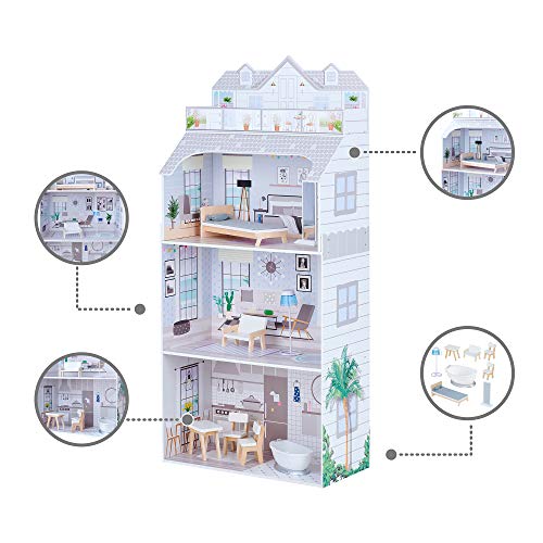 Teamson Kids Gris 3-Niveles Deluxe Casa De Muñecas Madera Y Accesorios TD-11683D