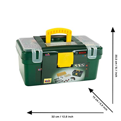 Theo Klein 8609 Caja de herramientas Bosch, Con destornillador eléctrico Ixolino a pilas, Incluye numerosos accesorios, como martillo, sierra o llave inglesa, Medidas: 32 cm x 20,5 cm x 15 cm,