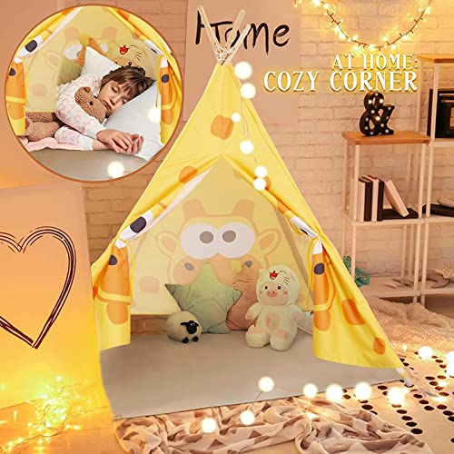 Tienda de campaña para niños con Alfombra para niños y niñas, casa de Juegos para Interiores y Exteriores, diseño de Rayas Blancas, decoración de Sala de Juegos Tipi Tepee (Amarillo)