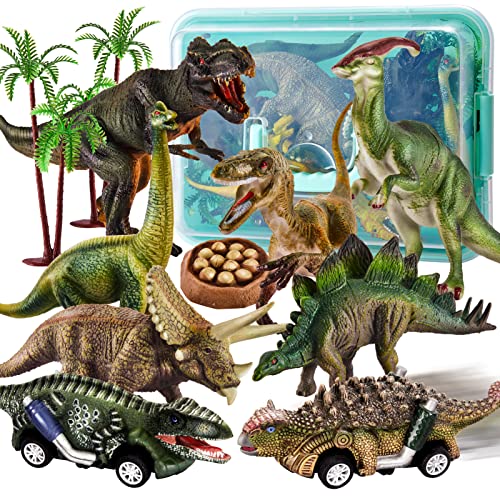 TOEY PLAY Juguetes Dinosaurios con Huevos de Dinosaurio, Coches y Caja de Almacenamiento, Juego Regalos para Niños Niñas 3 4 5 Años