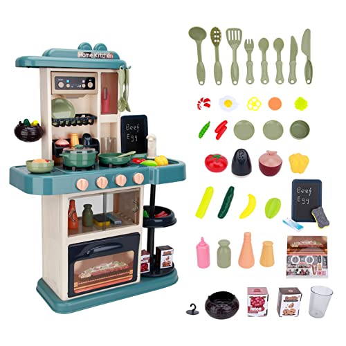 TOPQSC Cocina Infantil Cocina Juguete Cocinitas de Juguetes con Luz y Sonido, Grifo de Agua y Vapor Frío, 43 Piezas Cocina de Juguete para Niños Que Incluyen Vajilla, Comida y Menú de Bricolaje