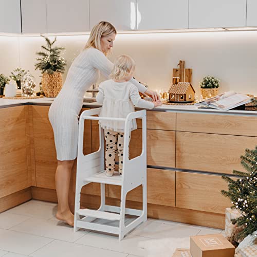 Torre de Aprendizaje Montessori - Plataforma de Madera para Trepar en la Cocina para Bebés y Niños - Torres Ajustables para Encimeras y Mesa - Taburete Seguro y Duradero - Learning Tower - Blanco