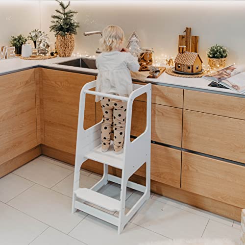 Torre de Aprendizaje Montessori - Plataforma de Madera para Trepar en la Cocina para Bebés y Niños - Torres Ajustables para Encimeras y Mesa - Taburete Seguro y Duradero - Learning Tower - Blanco