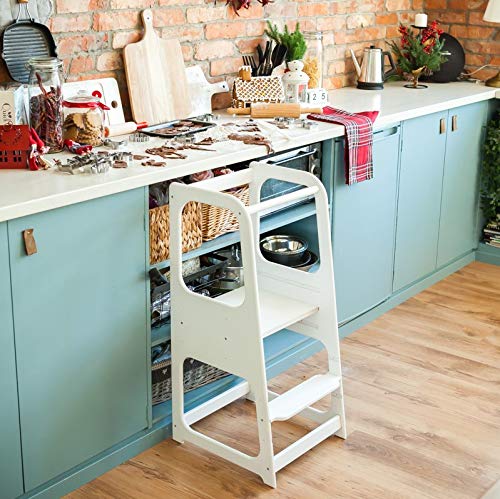 Torre de Aprendizaje Montessori - Plataforma de Madera para Trepar en la Cocina para Bebés y Niños - Torres Ajustables para Encimeras y Mesa - Taburete Seguro y Duradero - Learning Tower - Blanco