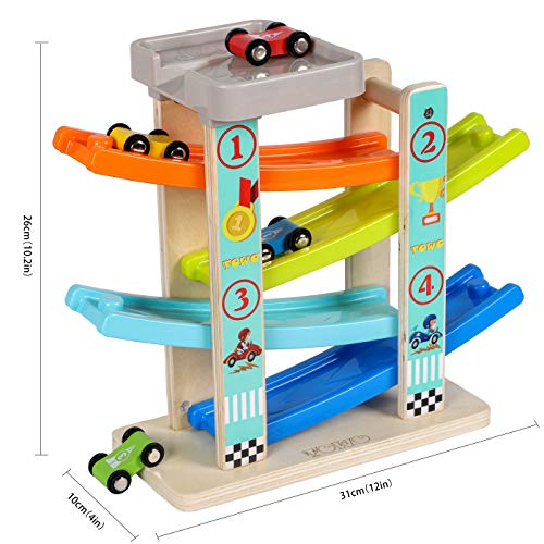 TOWO Juguete Rampa Coches Madera con Estacionamiento en la Azotea, Rieles de Plástico en Zigzag y 4 Vagones de Madera - Juguetes de Madera del Coche para los niños y bebes - Pista Carreras circuitos