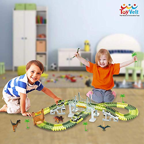 ToyVelt Dinosaur Toys Race Track Toy Set - 206 Pieces Road Race-Flexible Track Set - Create a Road Toy Dinosaur World For Christmas & Birthday Gift For Boys & Girls Ages 3,4,5,6, Years Old and up