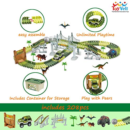 ToyVelt Dinosaur Toys Race Track Toy Set - 206 Pieces Road Race-Flexible Track Set - Create a Road Toy Dinosaur World For Christmas & Birthday Gift For Boys & Girls Ages 3,4,5,6, Years Old and up