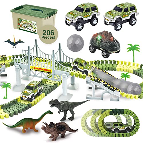 ToyVelt Dinosaur Toys Race Track Toy Set - 206 Pieces Road Race-Flexible Track Set - Create a Road Toy Dinosaur World For Christmas & Birthday Gift For Boys & Girls Ages 3,4,5,6, Years Old and up