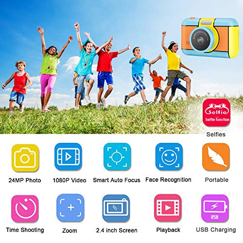 ToyZoom 24MP Cámara para niños 1080P HD Videocámara Cámara Selfie de Doble Lente con Tarjeta SD de 32GB, 2.4 Pulgadas, Regalo de cumpleaños