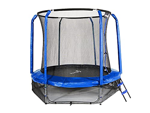 Trampolín 244cm,Entretenimiento Familiar,de jardín 8 FT Maxy Comfort, recinto de Seguridad con Malla Interior Especial,muelles de césped, Escalera, colchoneta para Saltar, para niños y Adultos (Azul)