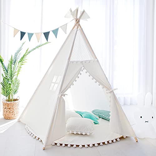 TreeBud Tienda Tipi Infantil con Tapete - Tienda Indio Grande con Cinco Postes para Niños Casa de Juegos con Pompón y Encaje - Tipi de Lona de Algodón con Bolsa de Transporte