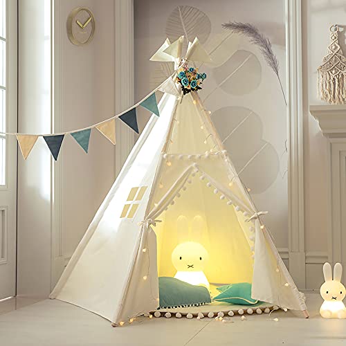 TreeBud Tienda Tipi Infantil con Tapete - Tienda Indio Grande con Cinco Postes para Niños Casa de Juegos con Pompón y Encaje - Tipi de Lona de Algodón con Bolsa de Transporte